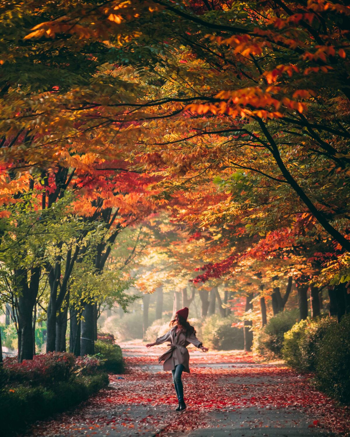 woman under fall leaves